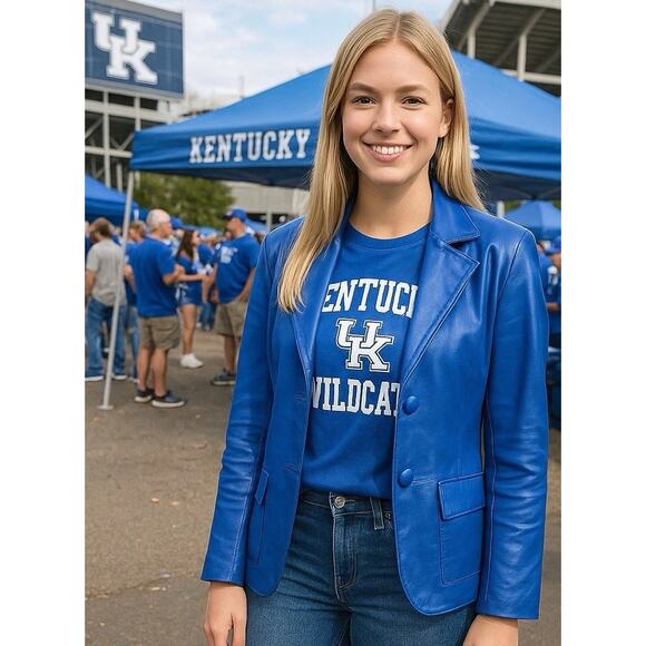 Vtg Y2K Bright Blue Genuine Leather Blazer Jacket Women's Sz 10 2 Button Peplum - Picture 8 of 16